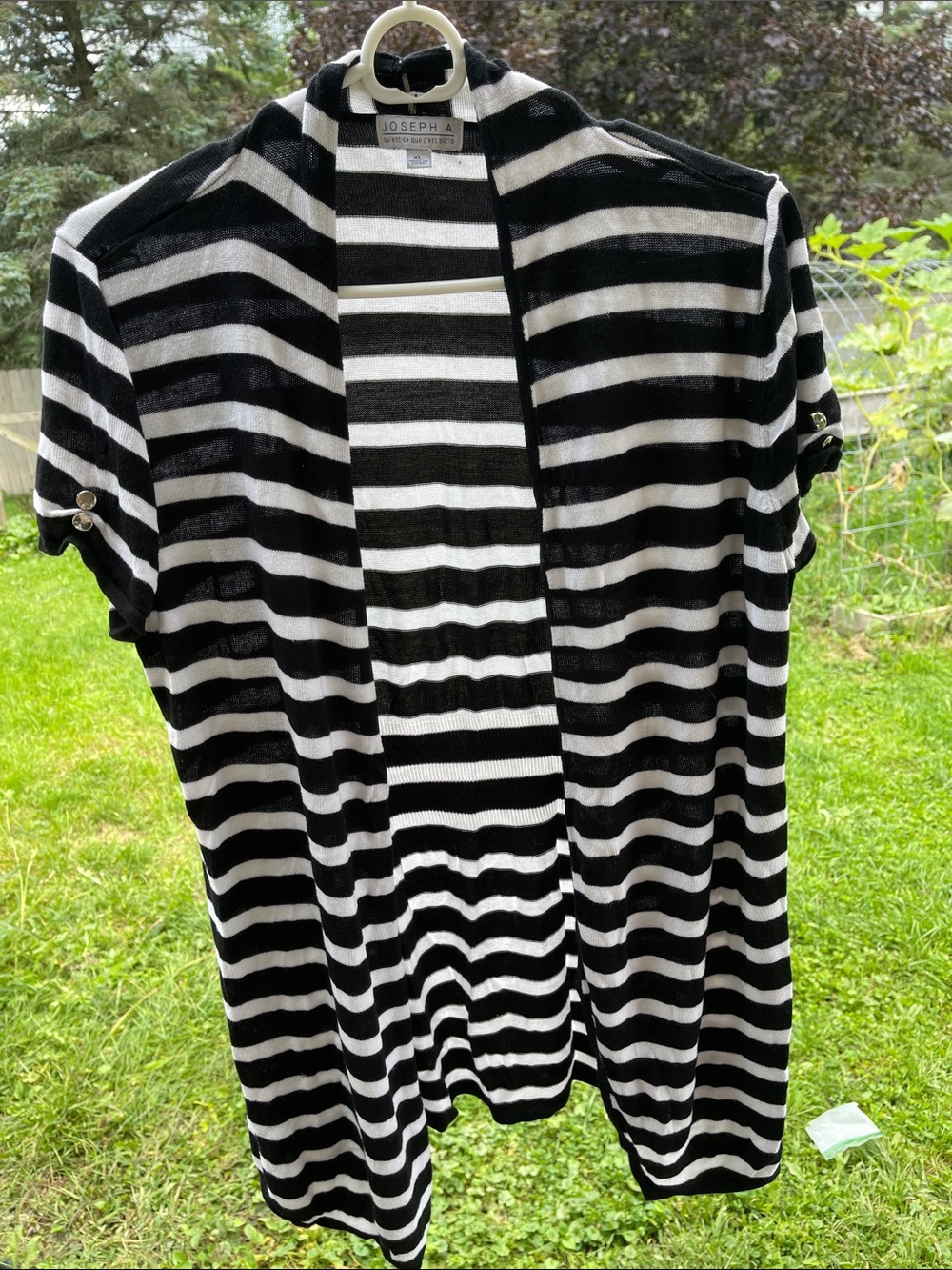 Joseph A. Black and White Striped Short Sleeve Open Cardigan